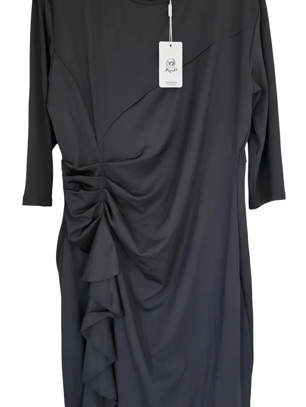 Classic Black Ruched Ruffle Midi Dress